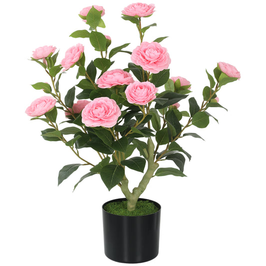 65cm Artificial Camellia Flower Plant in Pot | 116 PEVA Leaves | Silk Blossoms | Moss Effect Base | Cement-Filled Pot | Bendable Internal Wires | Maintenance-Free | Pink