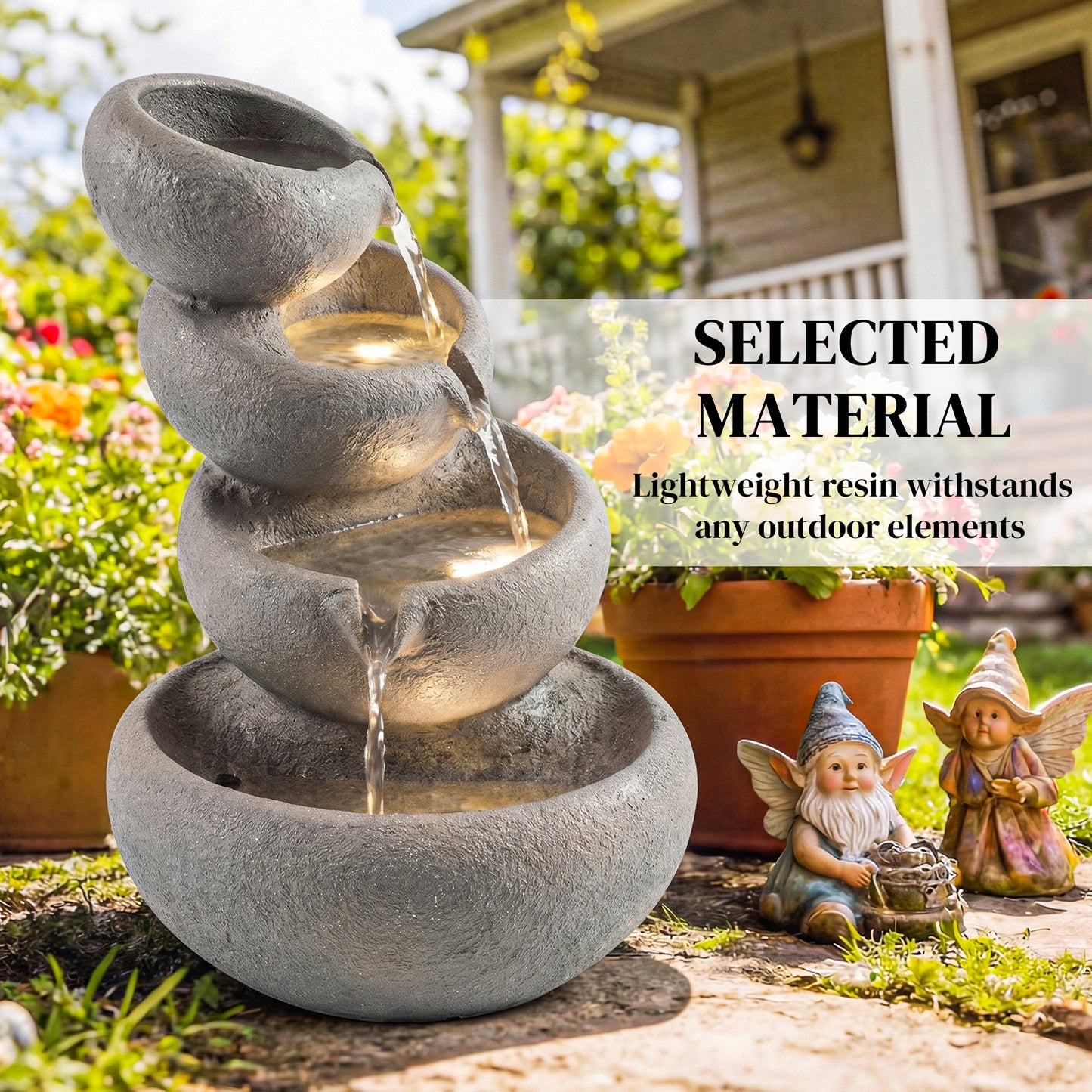 4-Tier Resin Waterfall Fountain | Weathered Stone Look | Warm White LED Lights | 3-Speed Pump | 10-12L | 230V | UK Plug | 3m Cable | 35x32x50cm | Garden Patio Indoor & Outdoor | Mixed Colour