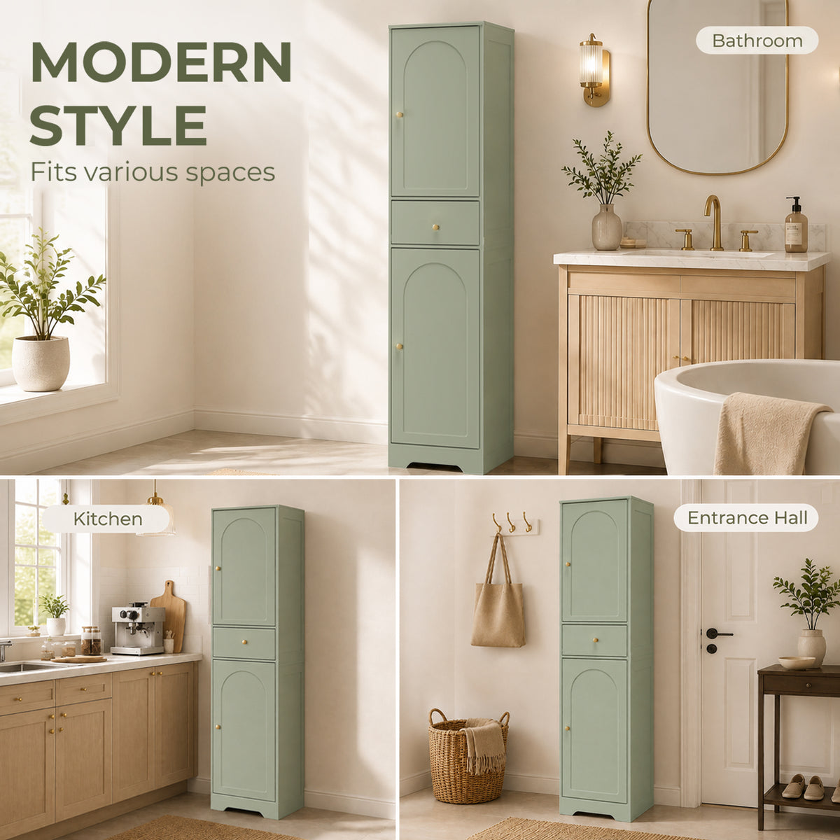 Tall Slim Bathroom Cabinet | Light Green | Particleboard MDF | 40x29.5x170cm | 2 Cupboards Drawer | Adjustable Shelf | Arched Doors Gold Knobs | Melamine | Anti-Tip Kit | 75kg