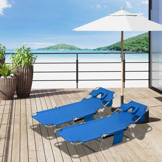 2 Pieces Foldable Sun Lounger Portable With 5 Level Adjustable Backrest, Reclining Lounge Chair with Side Pocket, Headrest Pillow, Blue