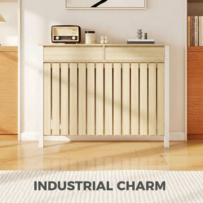 MDF & Particle Board Radiator Cover with 2 Drawers | Vertical Slats | Flat Top Display Surface | Wall Mountable | Pre-Cut Outs | 18kg Capacity | 119x19x93cm | Oak & White
