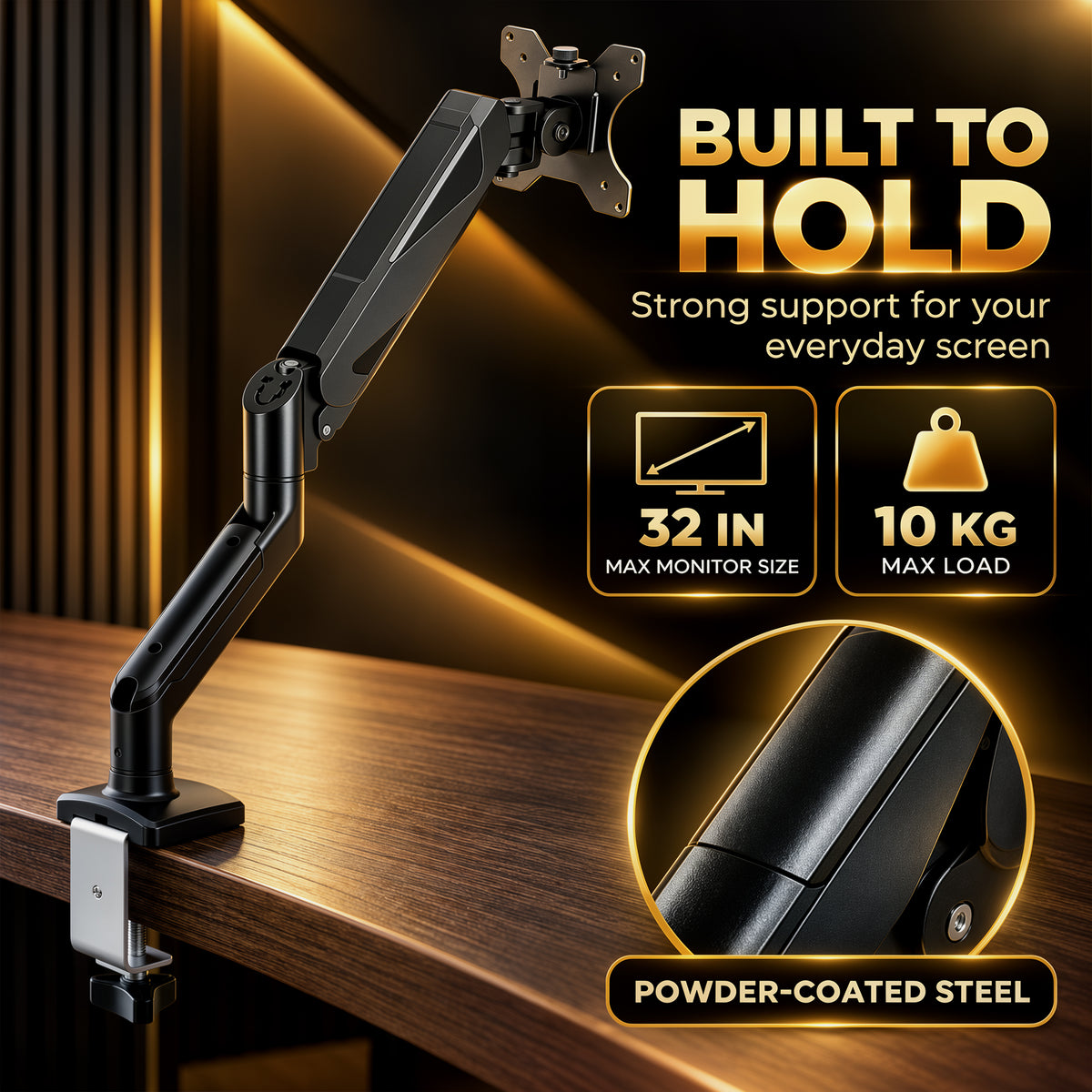 Single Monitor Arm | Up to 32 Inch & 10kg | Gas Spring Height Adjustment, Tilt, Swivel & 360° Rotation | Black Steel