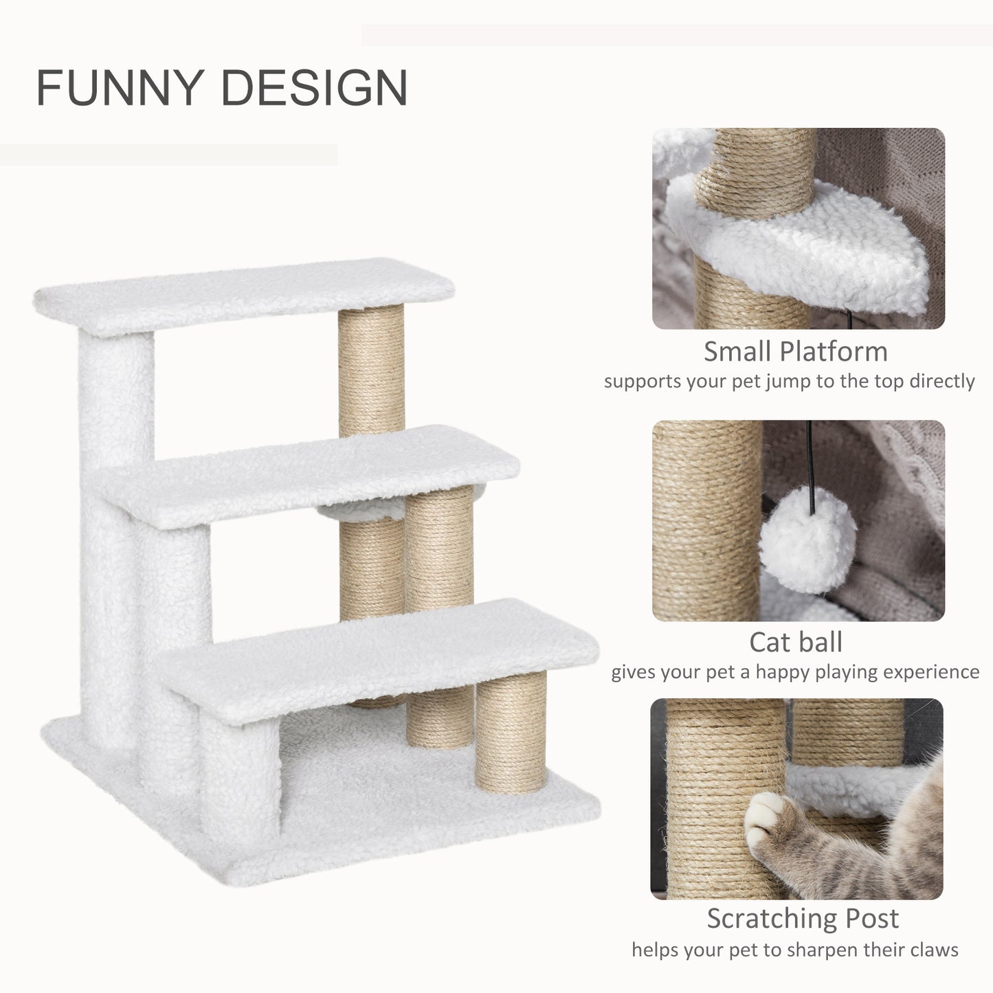 PawHut Pet Stair with 3-step Climb Ladder, Scratching Posts, Platforms, Toy Ball, for Indoor Cats Kittens, White