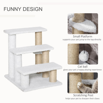 PawHut Pet Stair with 3-step Climb Ladder, Scratching Posts, Platforms, Toy Ball, for Indoor Cats Kittens, White