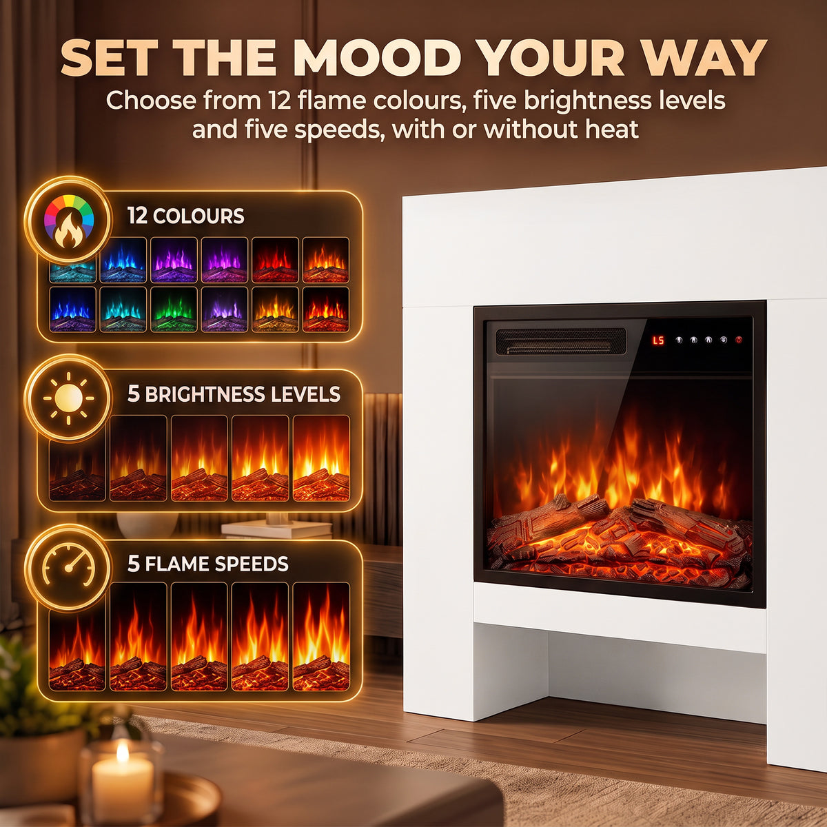 White Electric Fireplace Suite | 75cm Freestanding Mantel & Lower Storage | 900/1800W, Adjustable Log Flame Effect, 8-Hour Timer & Remote
