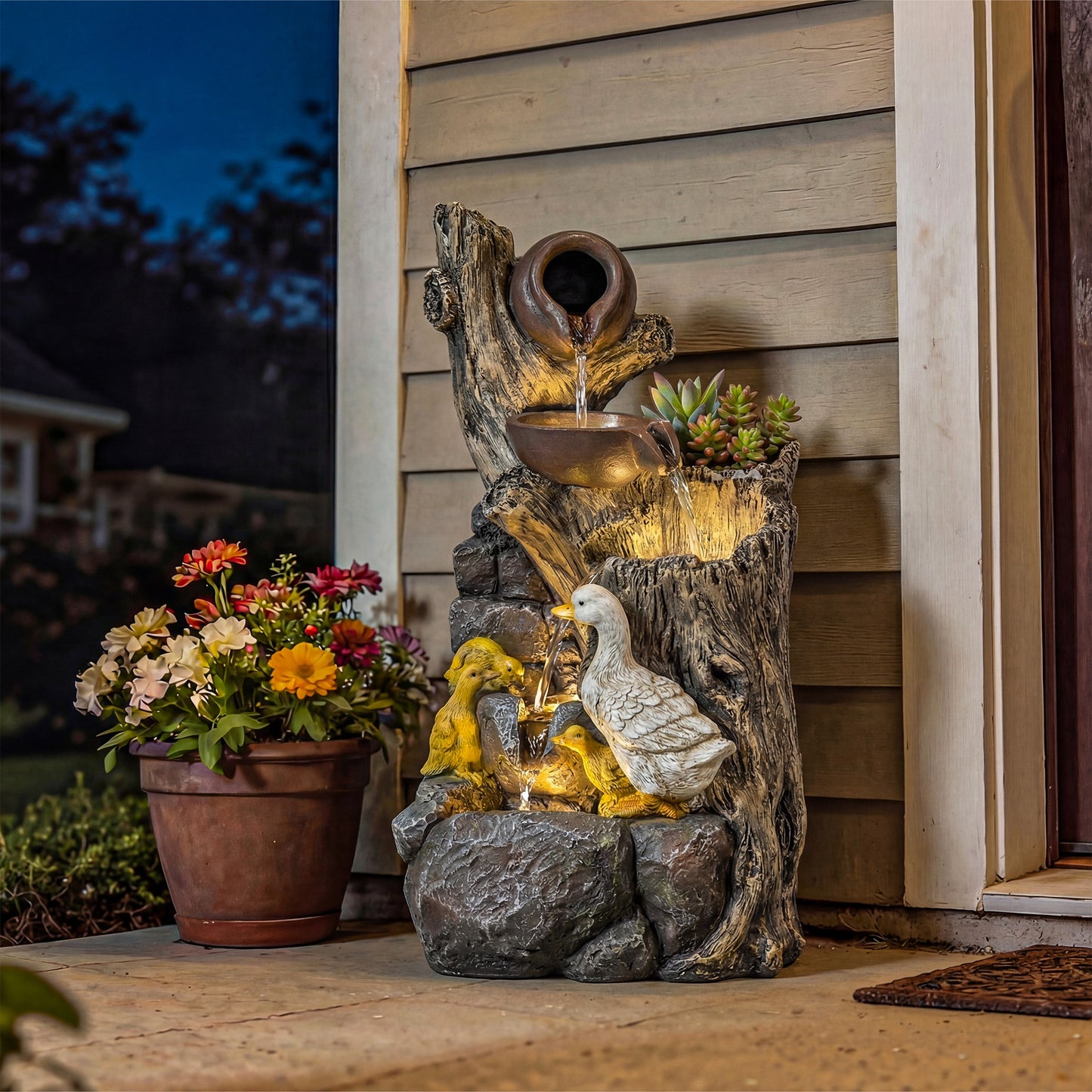 5-Tier Resin Log Waterfall Fountain | Warm White LED Lights | Adjustable Pump | Integrated Planter | 6-8L | 5W | 230V | 3m Cable | 30x28x56cm | Garden & Patio | Mixed Colour