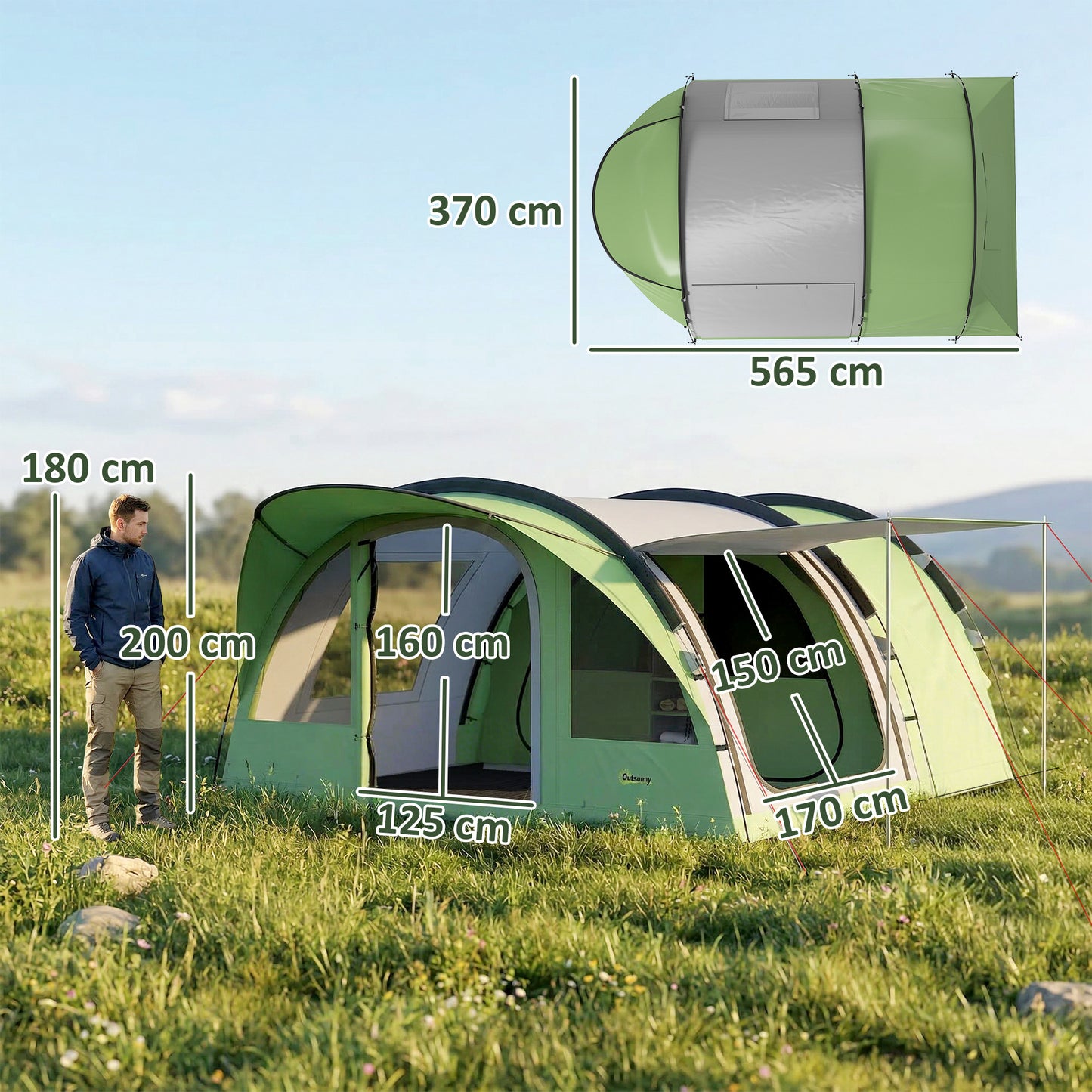 4-Person Family Camping Tent | 2 Rooms | Removable Divider | 3000mm Waterproof | Level 4 Wind Resistance | 7 Storage Pockets | Sets Up in 5-15 Mins | 565 x 370 x 200cm | Green & Grey