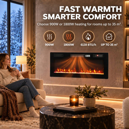 92cm Slim Electric Fireplace | Wall Mounted, Recessed or Freestanding | 900/1800W, 12 Flame Colours, Remote & 7-Day Programme | Black