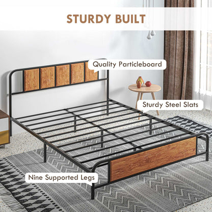 31cm Retro King Size Bed Frame, Industrial Bed Base with Headboard, Footboard, Steel Slat Support and Under Bed Storage, 160 x 207cm