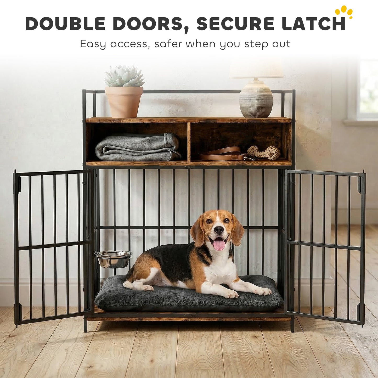 Dog Crate Furniture Side Table | Rotating Feeding Station | Storage Shelf | Double Door Lock | 20kg | Rustic Brown