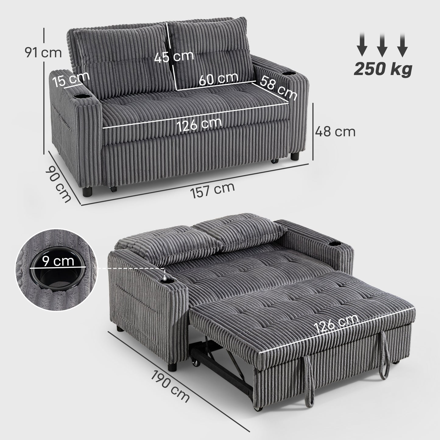 2 Seater Click Clack Sofa Bed with Pull Out Design, Corduroy Upholstery - Charcoal Grey