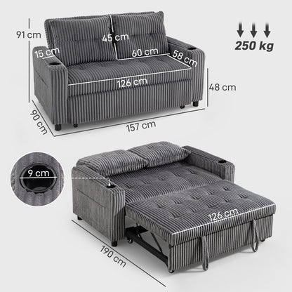 2 Seater Click Clack Sofa Bed with Pull Out Design, Corduroy Upholstery - Charcoal Grey