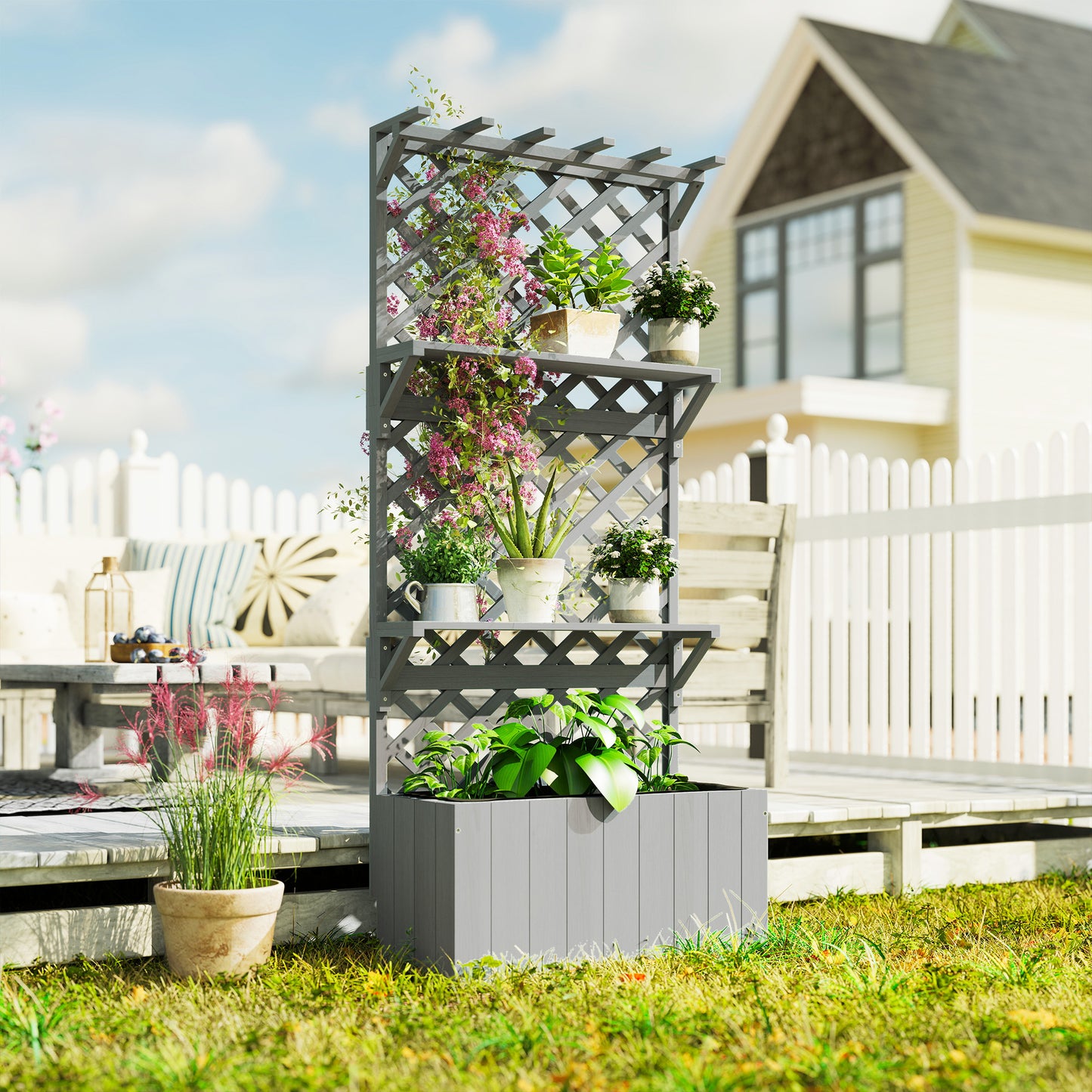 Fir Wood Planter with Tall Trellis Roof & Upper Shelf | 52L | 70x31cm Planting Area | Fabric Liner & Drainage Holes | 50kg | 76x33x177cm | Climbing Plants | Grey