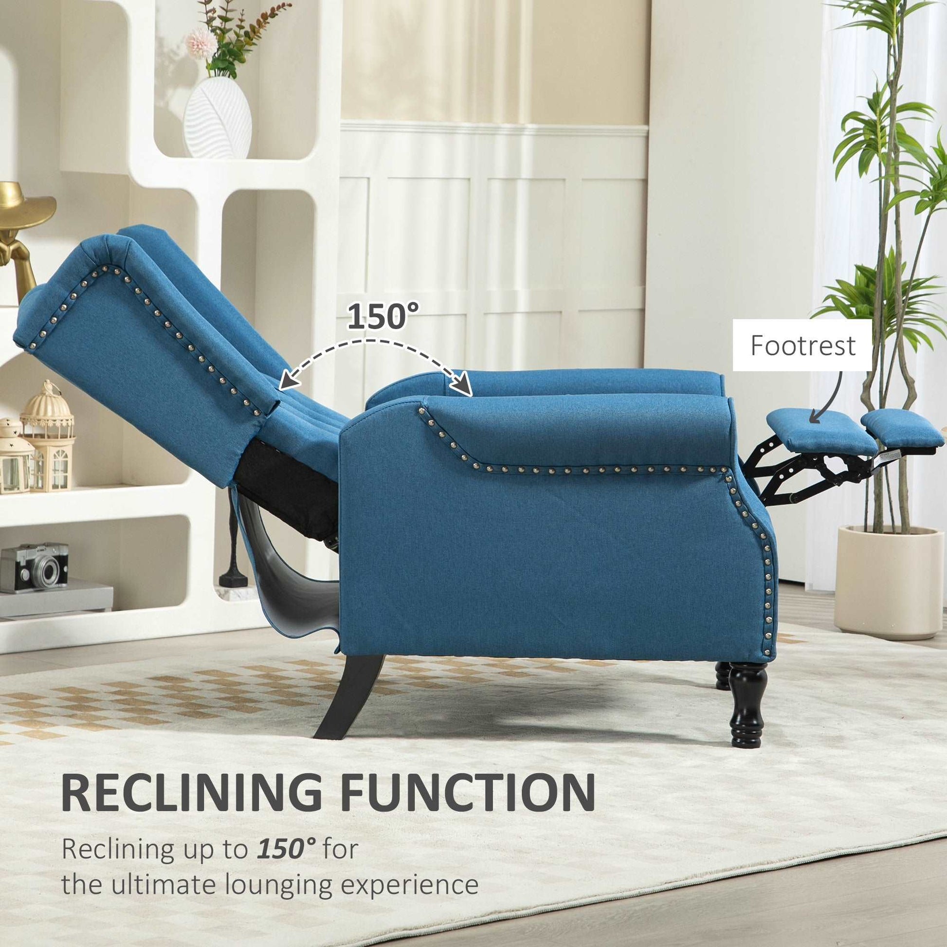 150° Reclining Vintage Retro Old Style Armchair, with footrest - Blue