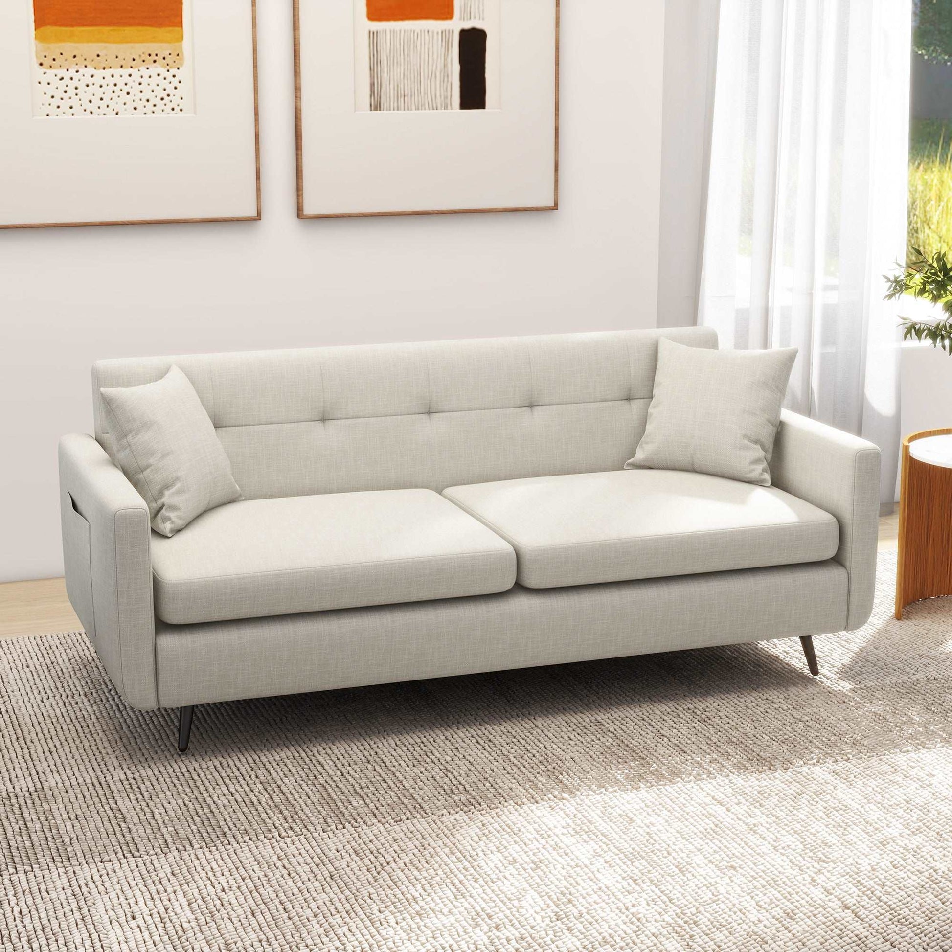 165cm 2 Seater Sofa for Living Room, Modern Fabric Couch, Tufted Loveseat Sofa Settee w/ Steel Legs, 2 Storage Pockets