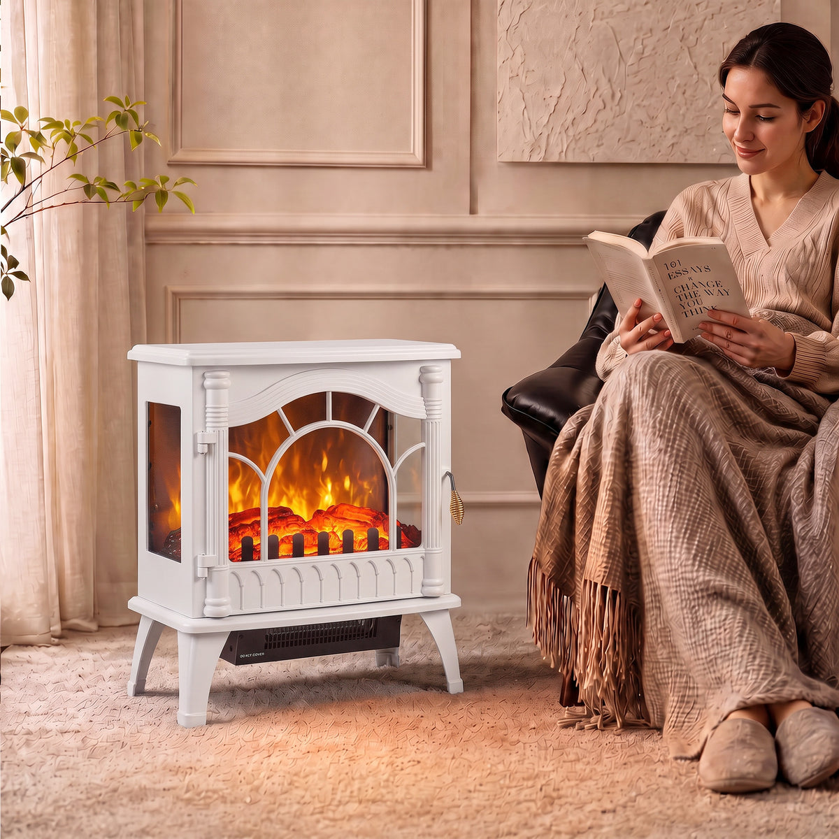 White Electric Fireplace Stove | 3-Sided Glass Flame Effect Fan Heater, 1000W/2000W, 15–30 m² Coverage | Freestanding
