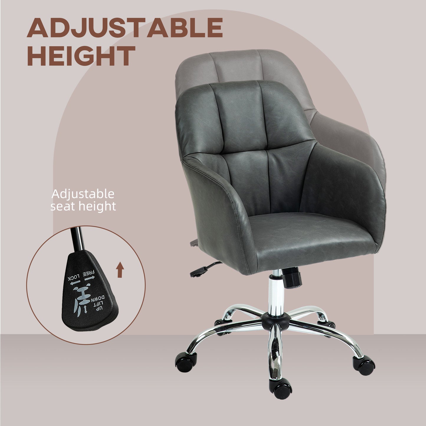 Computer Desk Chair, PU Leather Swivel Office Chair, Makeup Vanity Chair with Height Adjustable, Wheels, for Home Study Bedroom, Grey