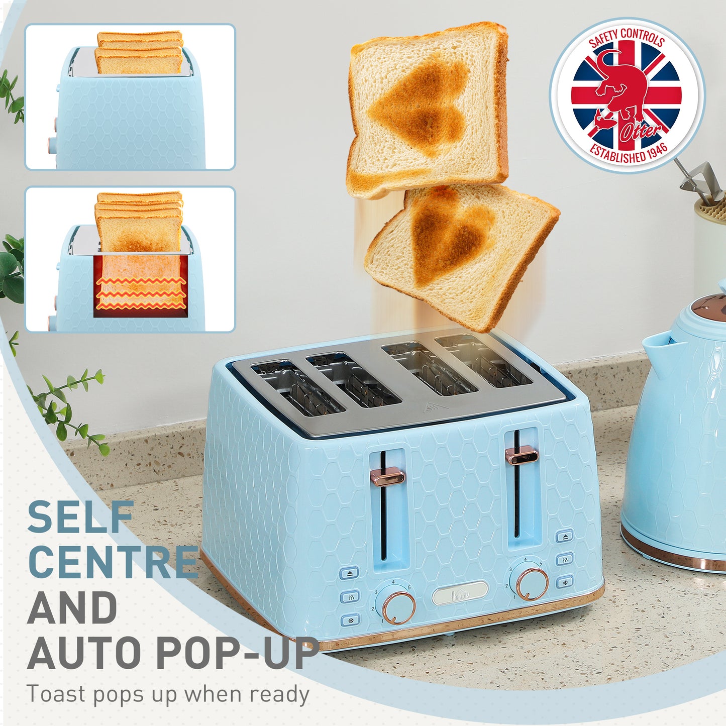Kettle and Toaster Set, 1.7L 3000W Fast Boil Jug Kettle, 4 Slice Toaster with 7 Level Browning Controls, Light Blue / Pink