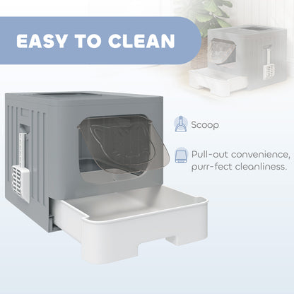 PawHut Foldable Cat Litter Box with Lid, Slide-Out Drawer, Scoop, Easy Clean, Odour Control, Anti-Splashing, Grey