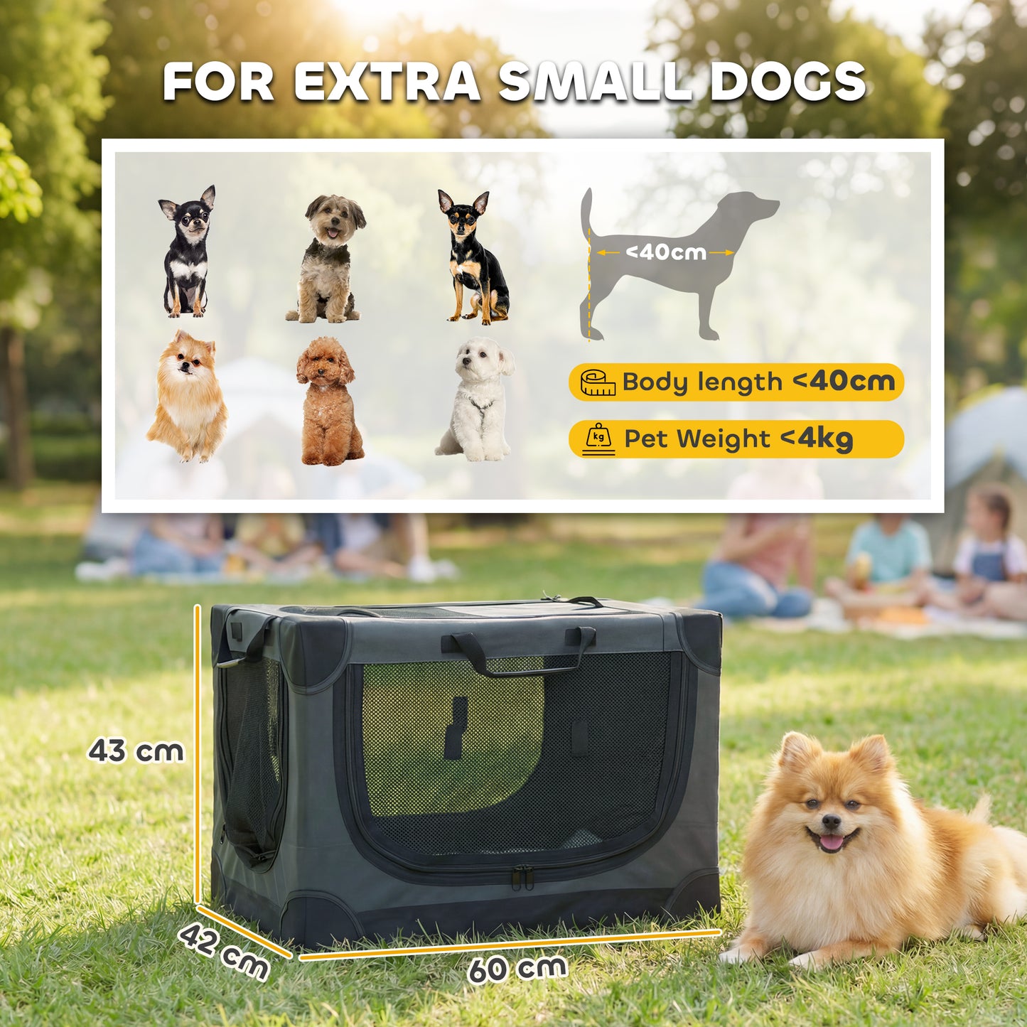 Soft Dog Crate | Pop-Up 8-Rod Frame | 3-Sided Mesh | Full-Zip Closure | Removable Washable Pad | Folds to 42 x 20 x 20cm | Small Dogs up to 4kg | Army Green