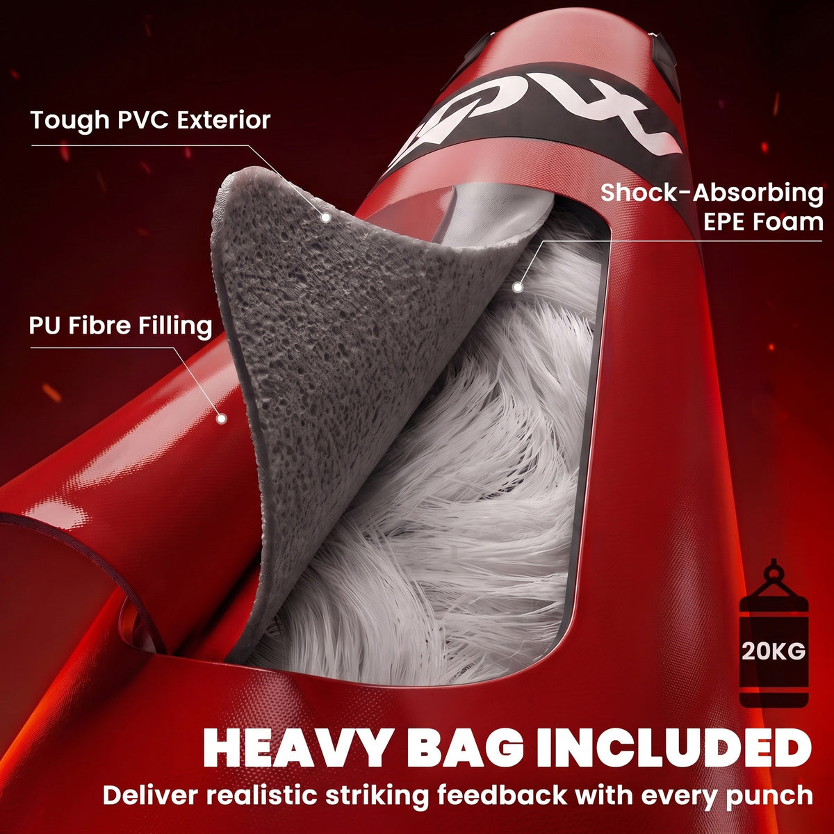 Freestanding Boxing Punching Bag with Stand | 20 kg Heavy Bag, 120 kg Frame, 360° Rotating Chain & Weight Plate Storage | Red