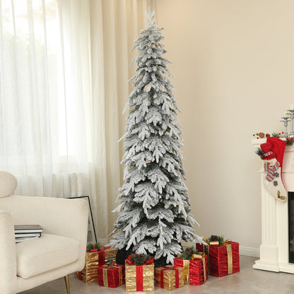 7ft Pencil Artificial Christmas Tree, Snow Flocked Xmas Tree with Downswept Branches and 800 Tips, Auto Open, Steel Base, Holiday Decoration for Home Office, Green