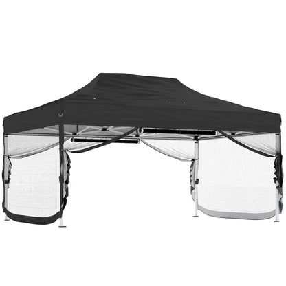 3x4.5m Heavy Duty Pop Up Gazebo | UPF50+ 420D Oxford Fabric | 4 Mesh Nettings | 12 Rainwater Holes | 3 Height Settings | Windproof Level 4-6 | Snow Rated | Full Stability Kit | Wheeled Bag | Black