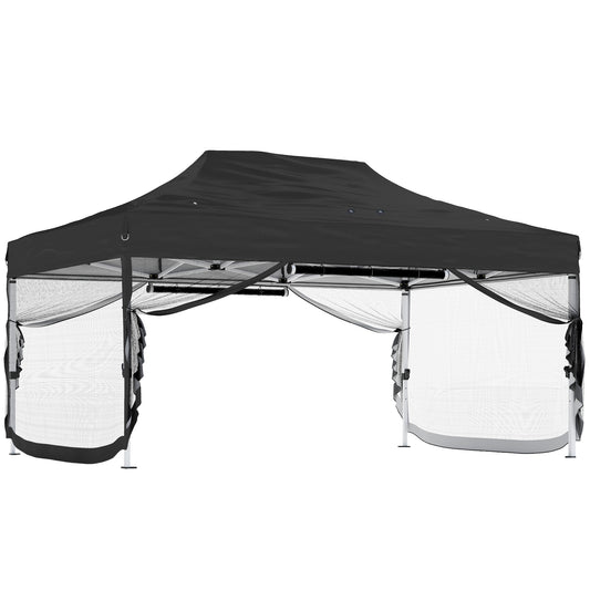 3x4.5m Heavy Duty Pop Up Gazebo | UPF50+ 420D Oxford Fabric | 4 Mesh Nettings | 12 Rainwater Holes | 3 Height Settings | Windproof Level 4-6 | Snow Rated | Full Stability Kit | Wheeled Bag | Black