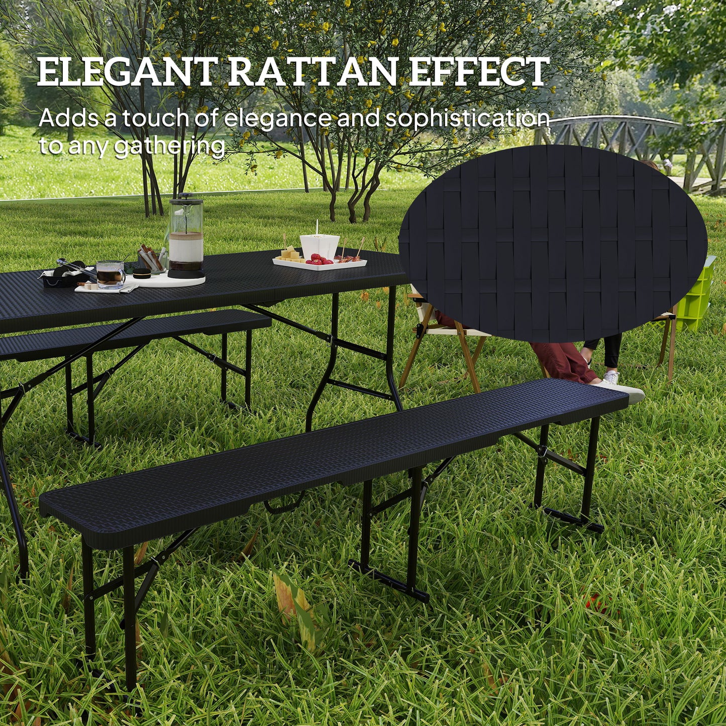 Folding Picnic Table and Bench Set, Rattan Effect Portable Camping Table and Chairs for Indoor Outdoor, Dining, Camping, Picnic, BBQ, Party