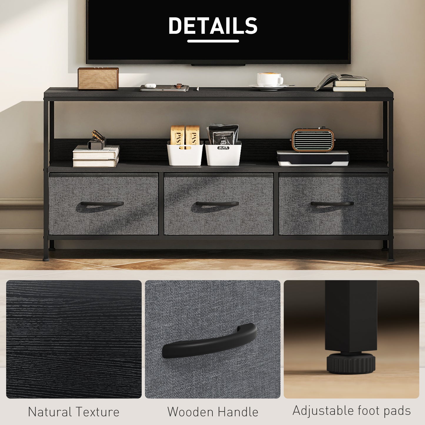 TV Stand Cabinet with 3 Foldable Drawers - Black