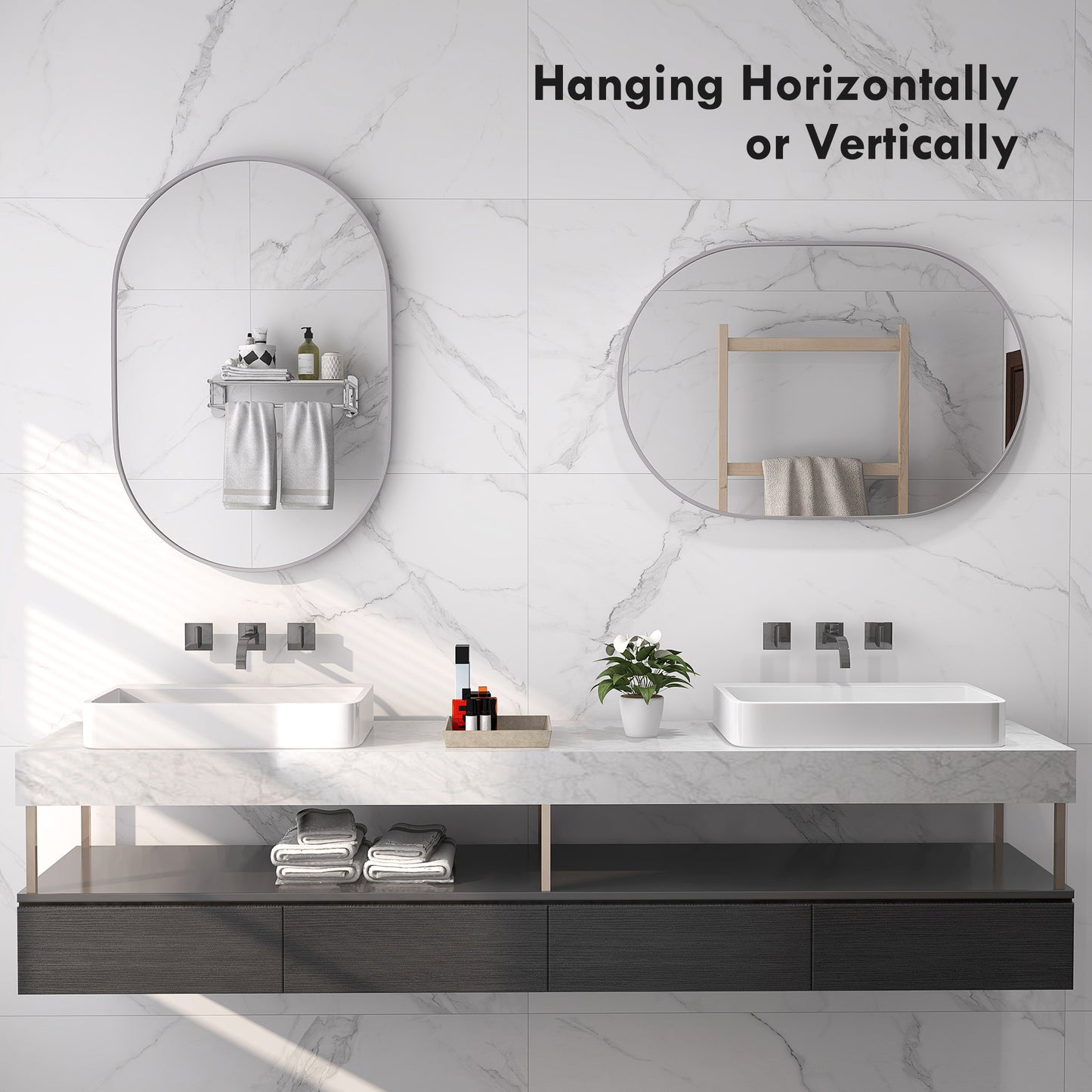 Oval Bathroom Mirror, Modern Wall-mounted Vanity Mirror with Aluminium Frame for Living Room, Entryways, Horizontal or Vertical, 60 x 90cm, Silver