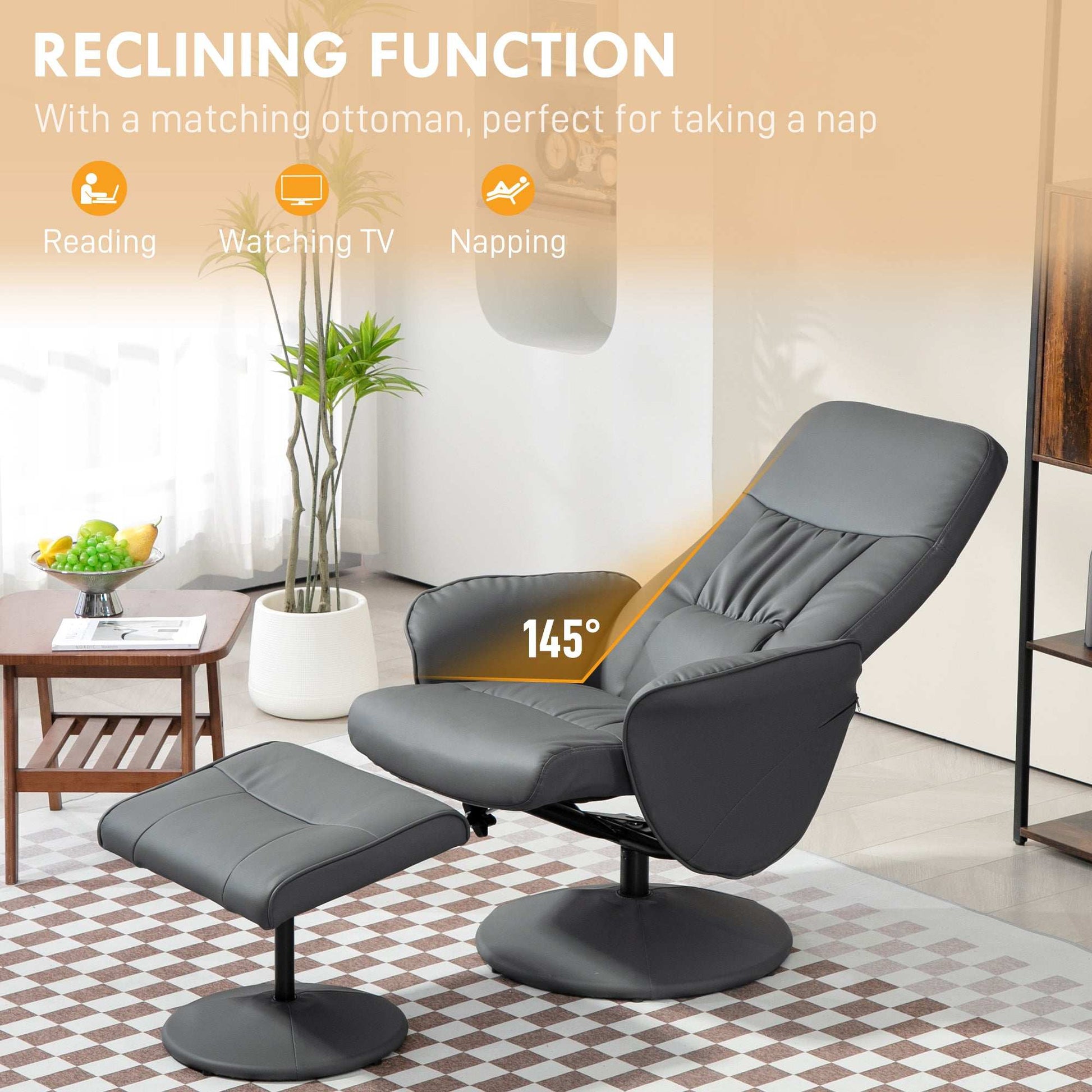 Swivel Recliner Chair with Footstool, PU Leather Armchair and Ottoman with High Back and Round Base for Living Room, Grey
