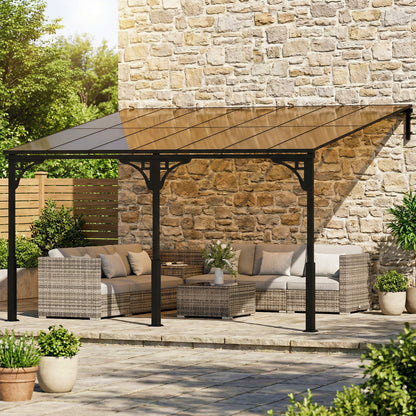 4x3m Hardtop Lean-To Pergola | 7mm Polycarbonate Roof | Galvanised Frame | Wall-Mounted | Windproof Level 6 | Brown