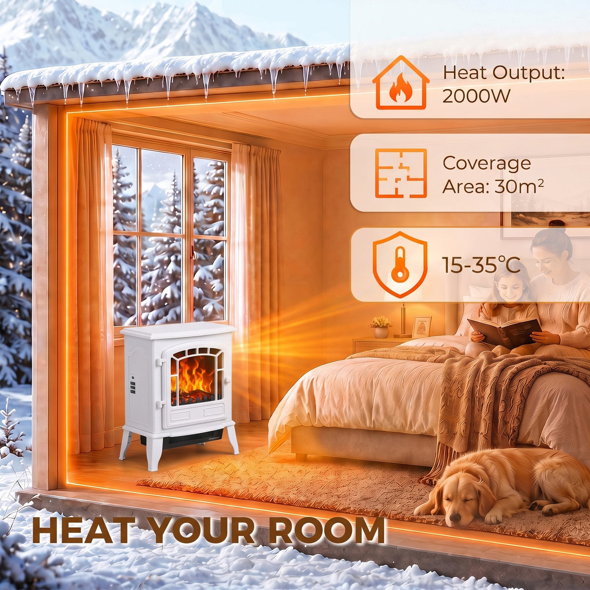 Electric Fireplace Stove | White Freestanding 2000W LED Flame Heater with Adjustable Thermostat