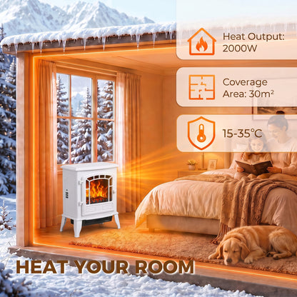 Electric Fireplace Stove | White Freestanding 2000W LED Flame Heater with Adjustable Thermostat
