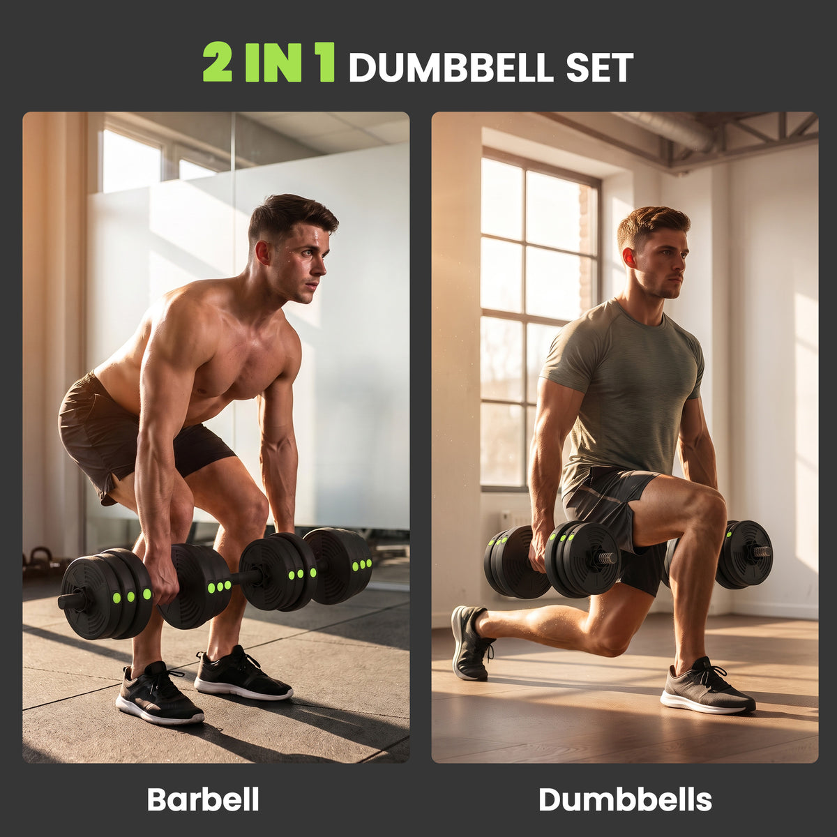SPORTNOW 2-in-1 Adjustable Barbell & Dumbbell Set | Black & Green | Steel Plastic Sand | 19kg Plates | 4x2kg 4x1.5kg 4x1.25kg | 105cm Barbell | Non-Slip Grips | Home Gym