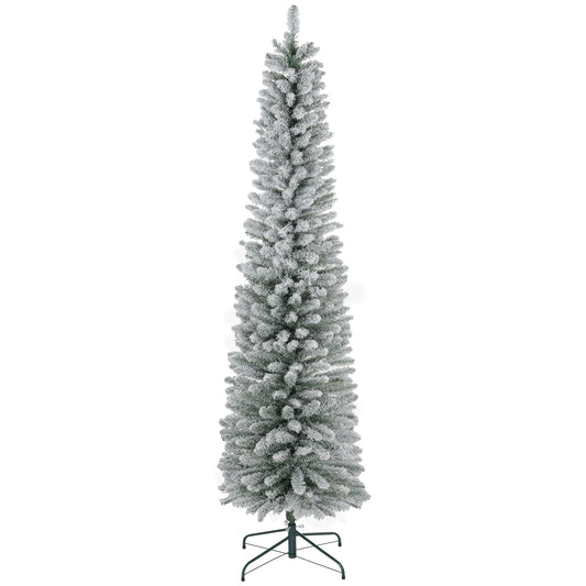7ft Artificial Pencil Christmas Tree with 405 Snow Flocked Tips, Metal Base, Realistic Xmas Tree