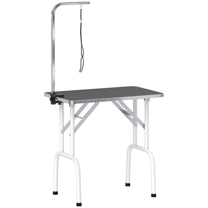 PawHut 32" Foldable Dog Grooming Table Pet Drying Beauty Table Adjustable Fixed Arm Rubber Top, Black