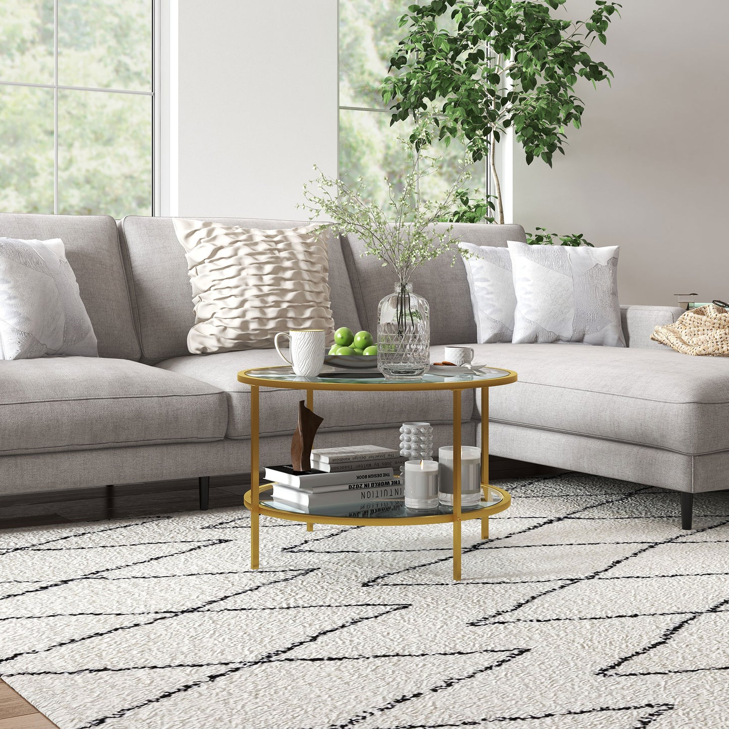 Round Coffee Table with Storage, 2-Tier Tempered Glass Coffee Table with Steel Frame for Living Room, Gold Tone