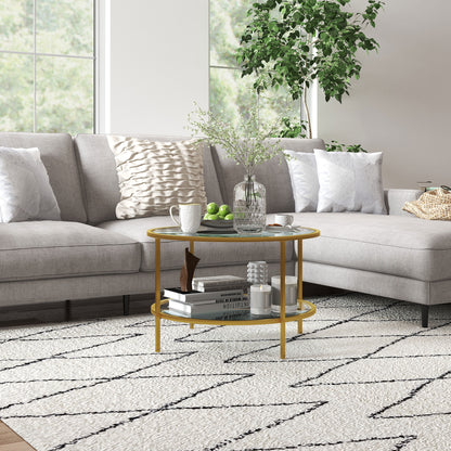 Round Coffee Table with Storage, 2-Tier Tempered Glass Coffee Table with Steel Frame for Living Room, Gold Tone