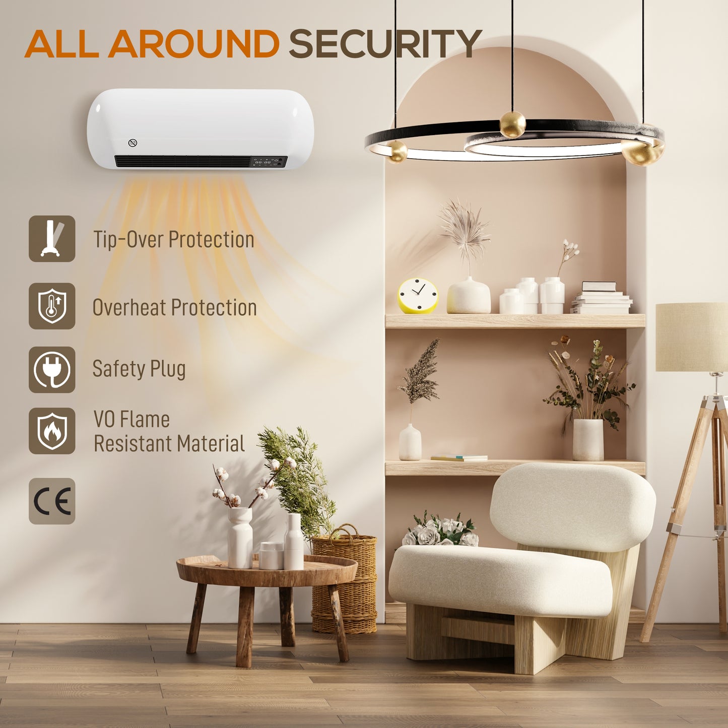 2000W Ceramic Electric Heater with Fan, Adjustable Thermostat, Wall Mounted - White / Black