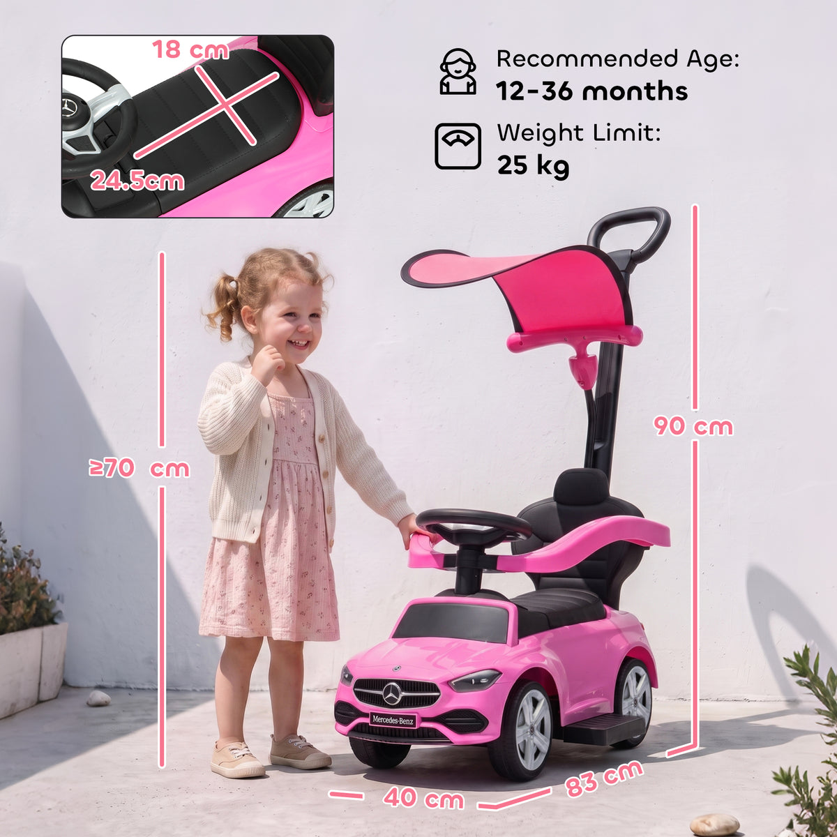 Mercedes Licensed 3-in-1 Kids Ride-On Push Car | Canopy | Guardrails | Steering Wheel Horn & Music | Under-Seat Storage | PP & Steel | 25kg | Ages 12-36 Months | 83x40x90cm | Pink / White / Black