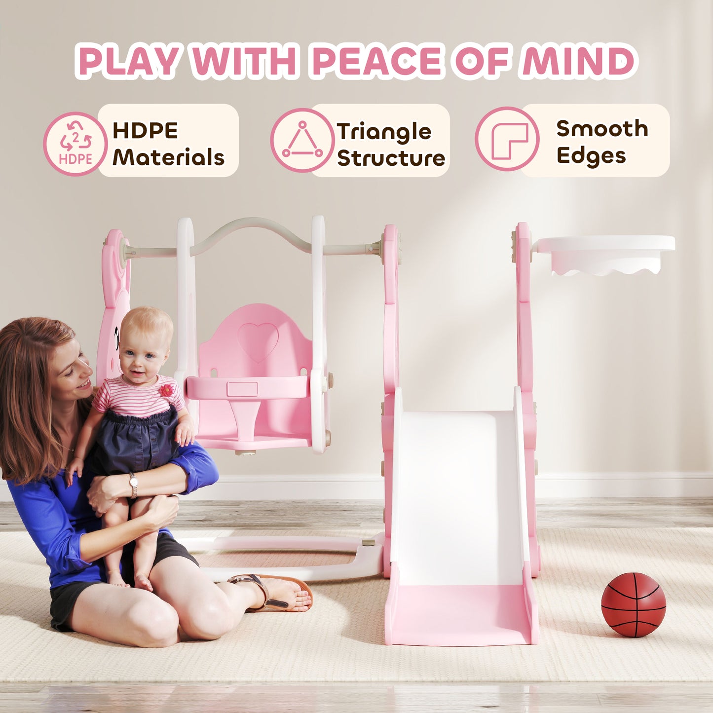 AIYAPLAY 4 in 1 Kids  Baby Toddler Slide and Swing Set with Climber, Basketball Hoop, Rabbit-Themed, Pink