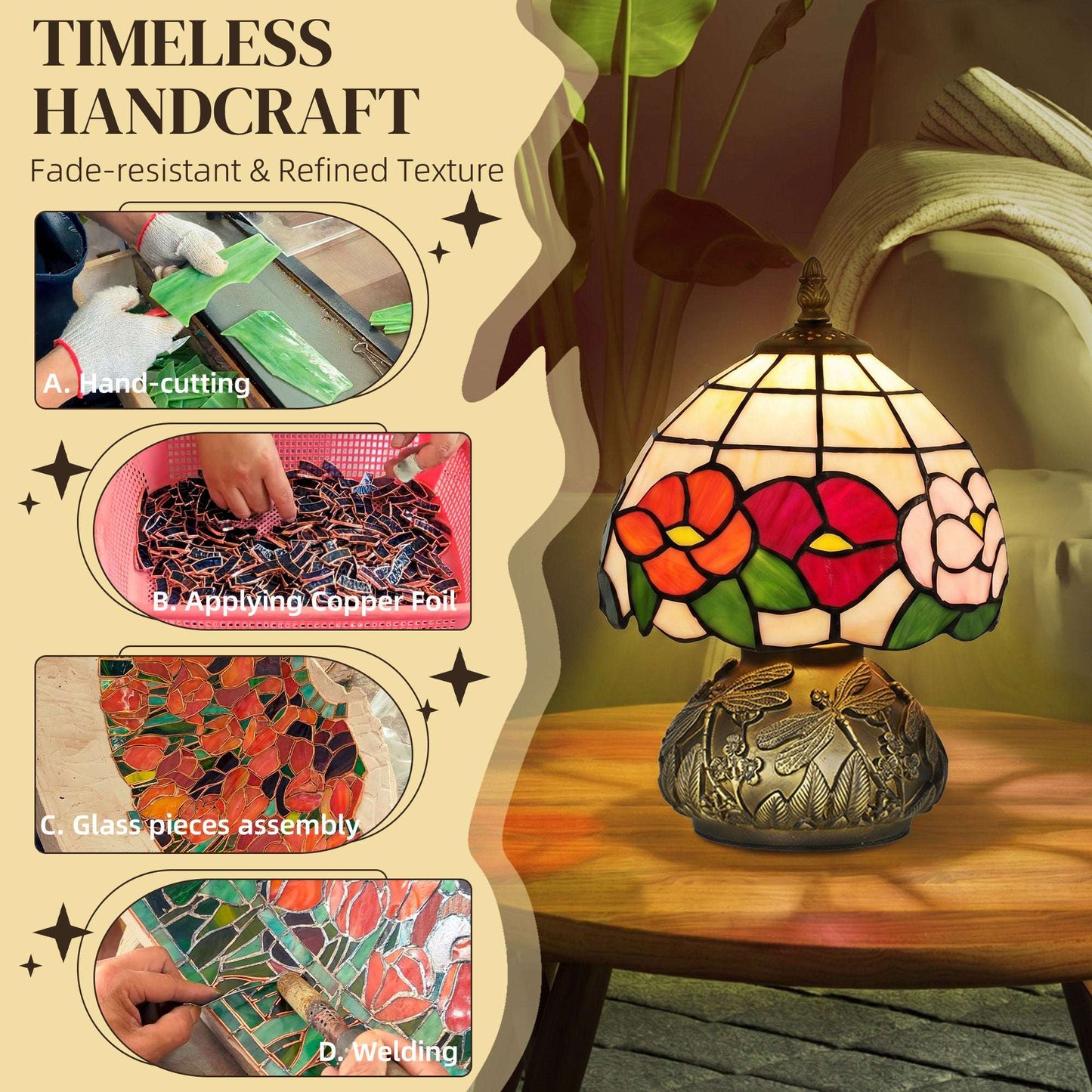 Tiffany-Style Handcrafted Stained Glass Table Lamp | Floral Motif | Sculpted Dragonfly Bronze Resin Base | Rocker Switch | E27 40W Max | 150cm Cable | Φ20x28cm | Multi-Coloured