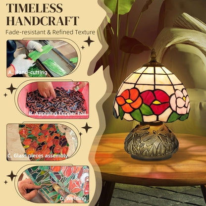 Tiffany-Style Handcrafted Stained Glass Table Lamp | Floral Motif | Sculpted Dragonfly Bronze Resin Base | Rocker Switch | E27 40W Max | 150cm Cable | Φ20x28cm | Multi-Coloured