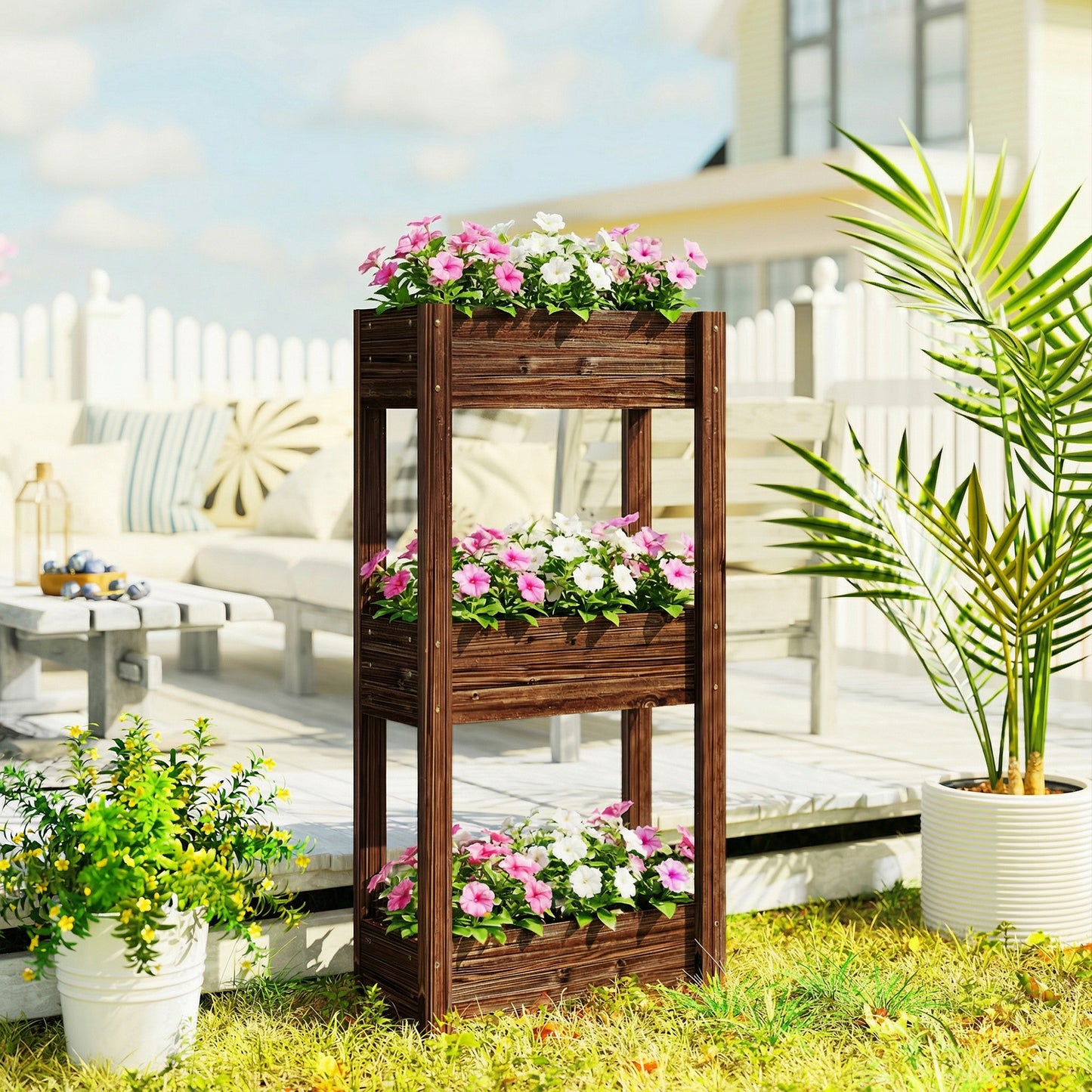 3-Tier Wooden Raised Planter, Raised Garden Bed on Legs with Drainage Holes and Bed Liner, Elevated Garden Planter