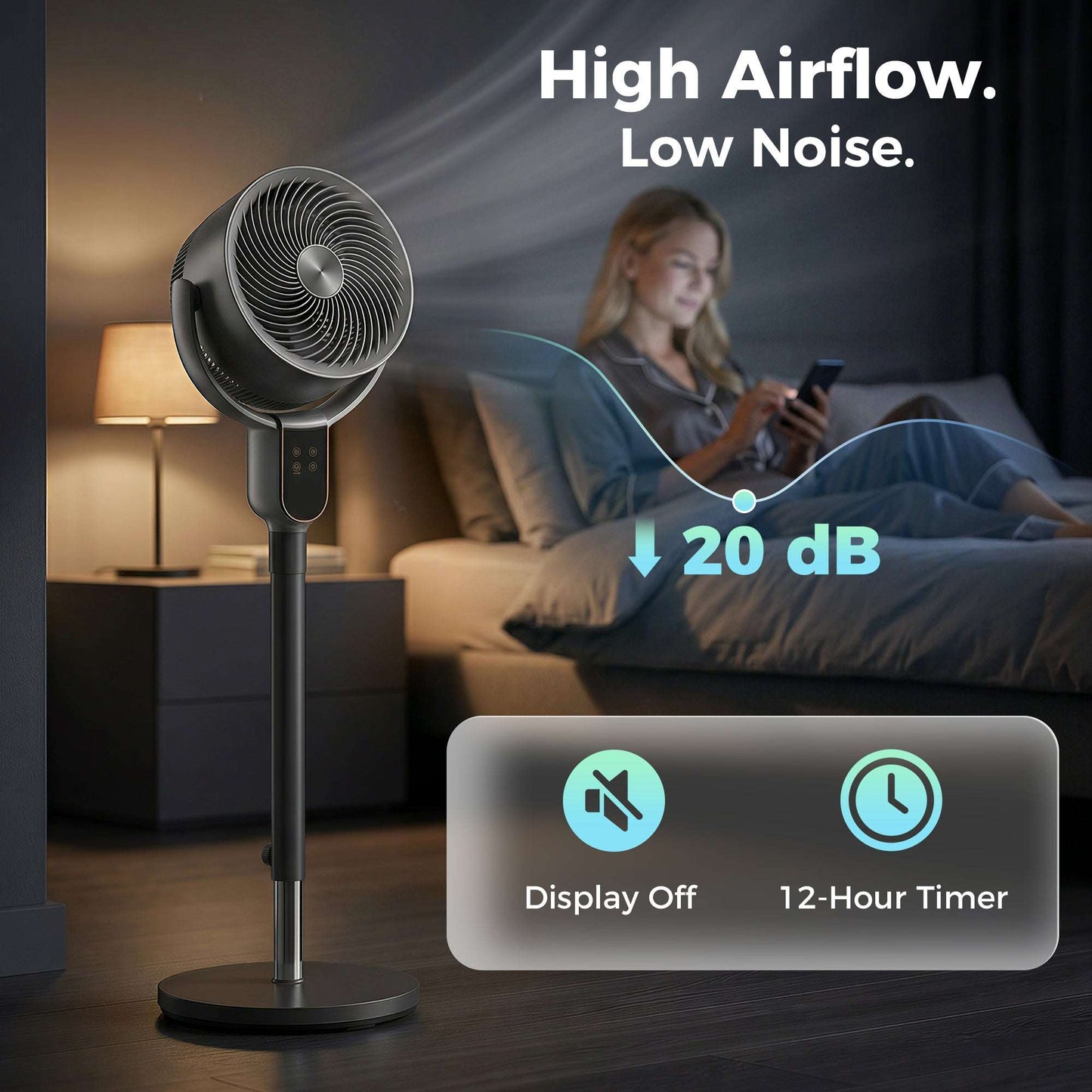 Pedestal Standing Fan | Turbo Mode | 20dB Sleep Mode | 8 Speeds | 16m³/min Airflow | 90° Oscillation | Aromatherapy Pad | Detachable Washable Grill | 5m Remote | 12H Timer | 50W | 83-107cm | Grey