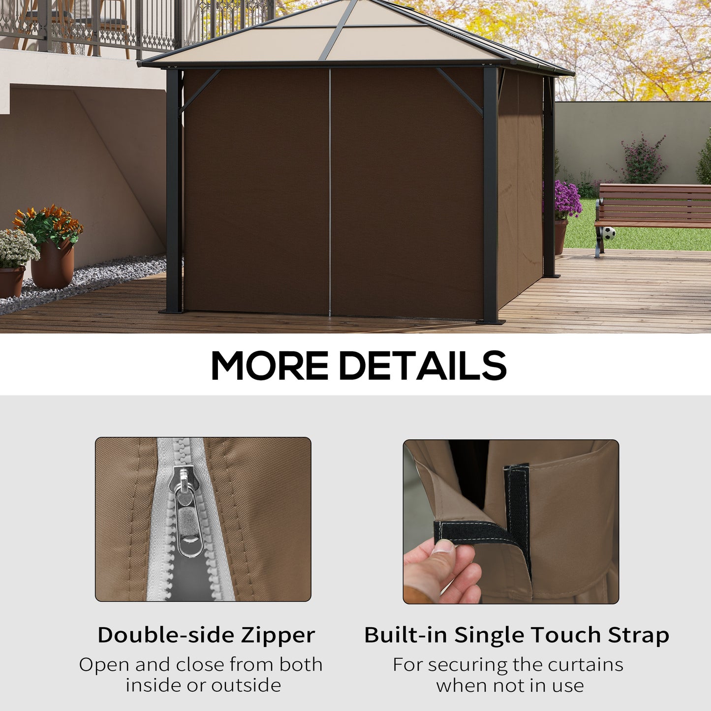 Set of 4 Gazebo Replacement Sidewalls | 100% Polyester | Double-Sided Zip | C-Rings & Hooks for Square, Rounded Beams & Sliding Rails | Each 352x205cm | Suits Most 3x4m Gazebos | Dark Brown
