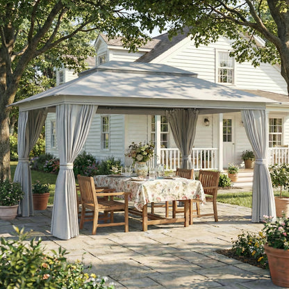 4x3m Permanent Garden Gazebo | Double-Tier UPF50+ Polyester Roof | Mesh Netting & Privacy Curtains | Drainage Holes | Powder-Coated Metal Frame | 8 Expansion Screws & 8 Ground Stakes | 4 Guy Ropes | 400x300x270cm | Dark Grey