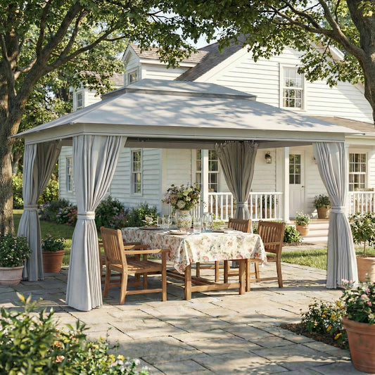 4x3m Permanent Garden Gazebo | Double-Tier UPF50+ Polyester Roof | Mesh Netting & Privacy Curtains | Drainage Holes | Powder-Coated Metal Frame | 8 Expansion Screws & 8 Ground Stakes | 4 Guy Ropes | 400x300x270cm | Dark Grey
